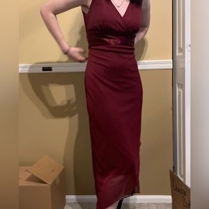 Long red dress 2-3 inch straps w/tie in the back and a satin wrap under chest